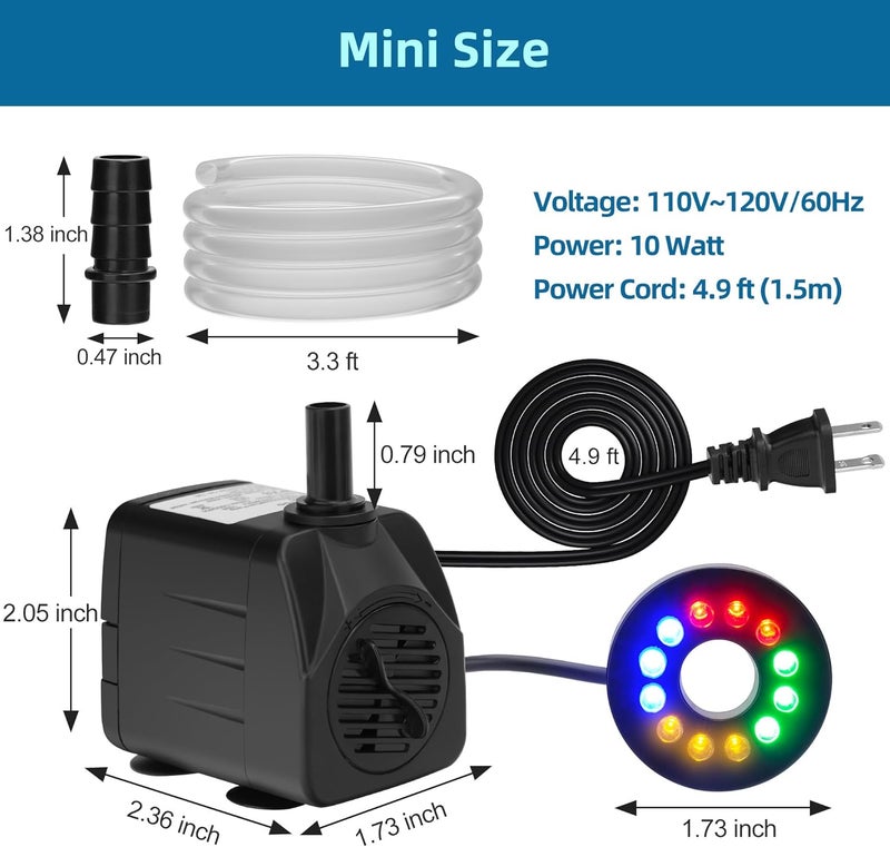 DATOO Mini Submersible Fountain Water Pump With LED Light 160GPH 10W Small Ultra Quiet Water Pump With Tubing For Aquarium Fish Tank Outdoor Pond Water Feature Fountain Statuary - Image 5